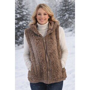 Green TeaFaux Fur Knit Vest XL Brown Boho Zip Front Cozy Chic Cottagecore